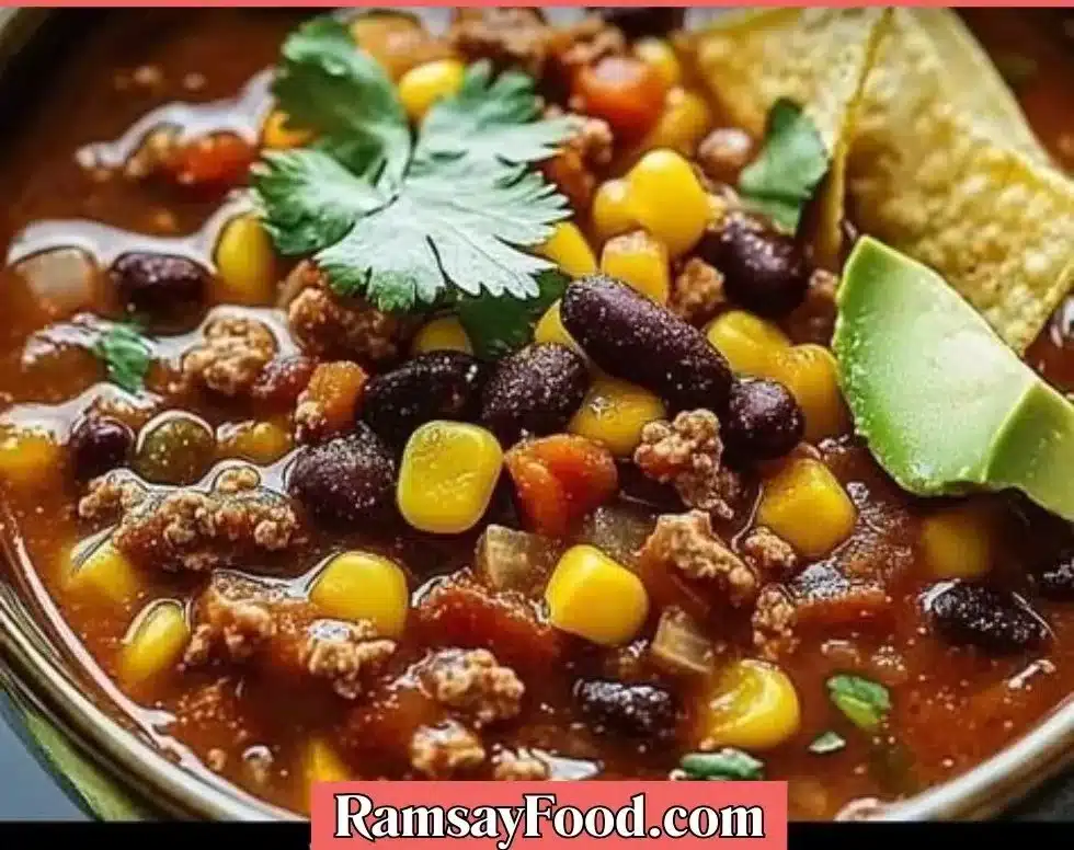 A bowl of hearty Taco Soup garnished with cheese and cilantro