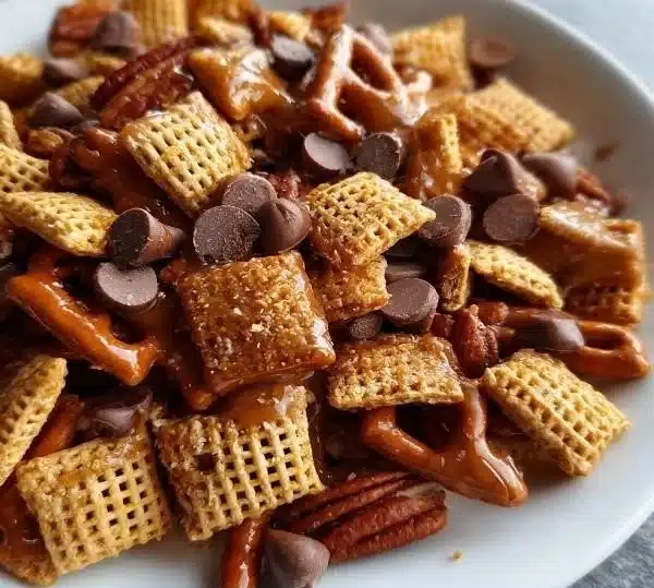 Bowl of homemade Toffee Chex Mix with nuts, pretzels, and chocolate coating.