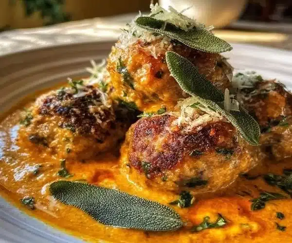 Turkey meatballs served in creamy pumpkin sage sauce