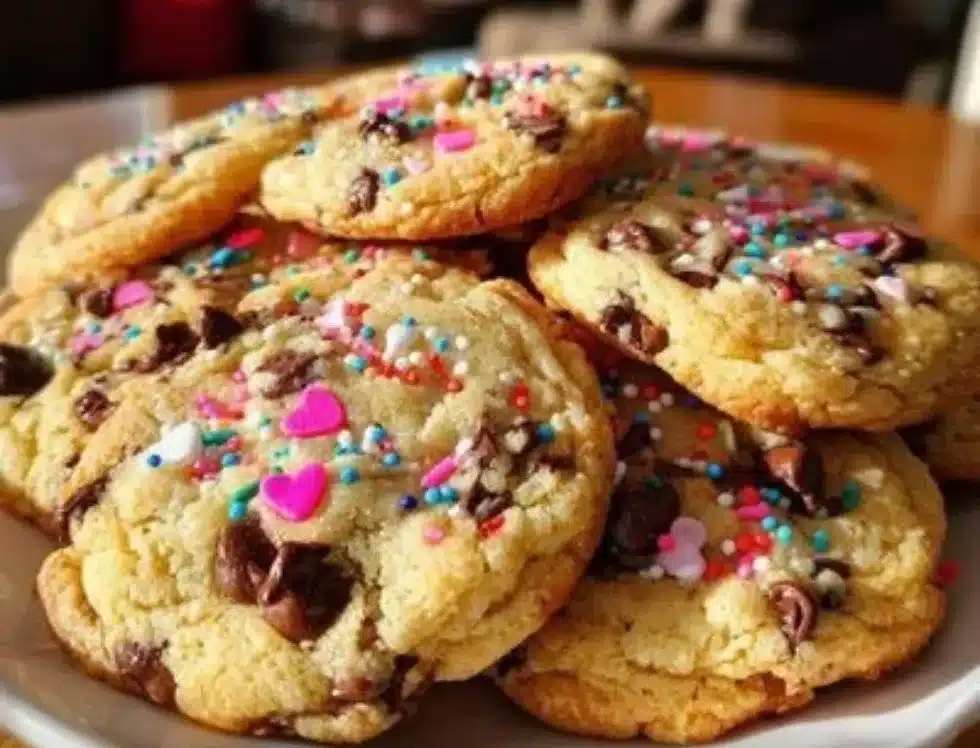 Valentine's Day cake mix cookies decorated with heart-shaped sprinkles