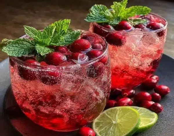 A glass of Vanilla Cranberry Crush mocktail garnished with cranberries and mint.