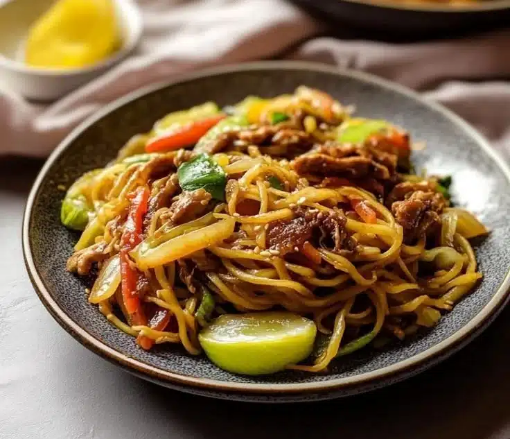 Vegan Pancit Canton, a colorful Filipino stir-fry noodle dish with vegetables.