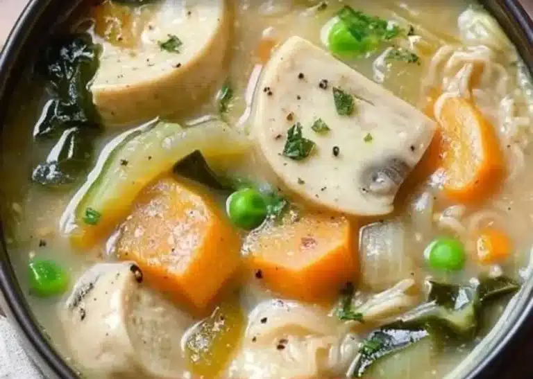 Bowl of vegetable miso stew with fresh vegetables and herbs