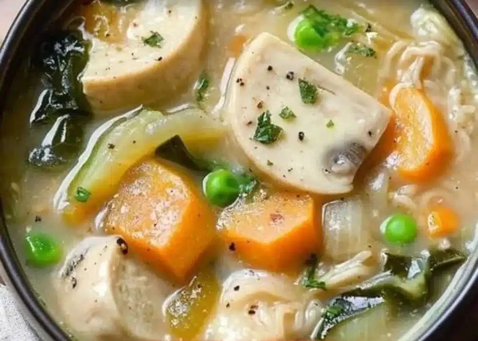 Bowl of vegetable miso stew with fresh vegetables and herbs
