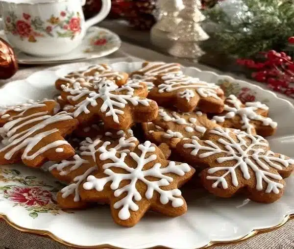Warm spiced gingerbread cookies decorated with sweet icing on a festive plate