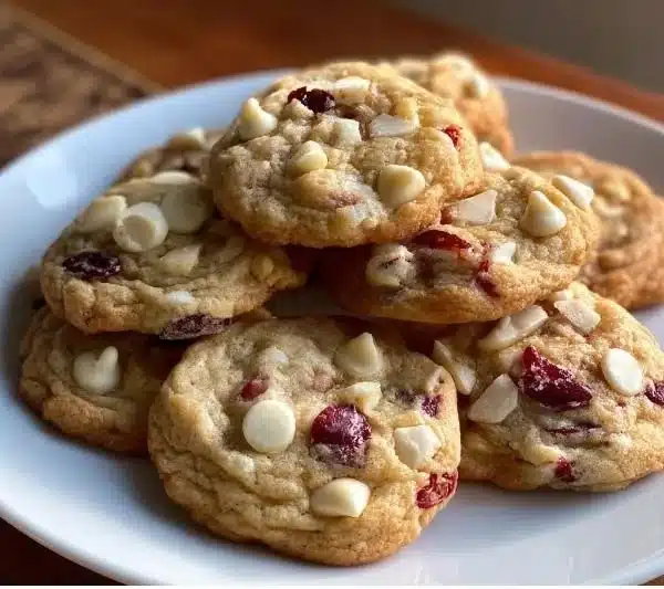 Freshly baked white chocolate cranberry cookies on a wooden serving platter