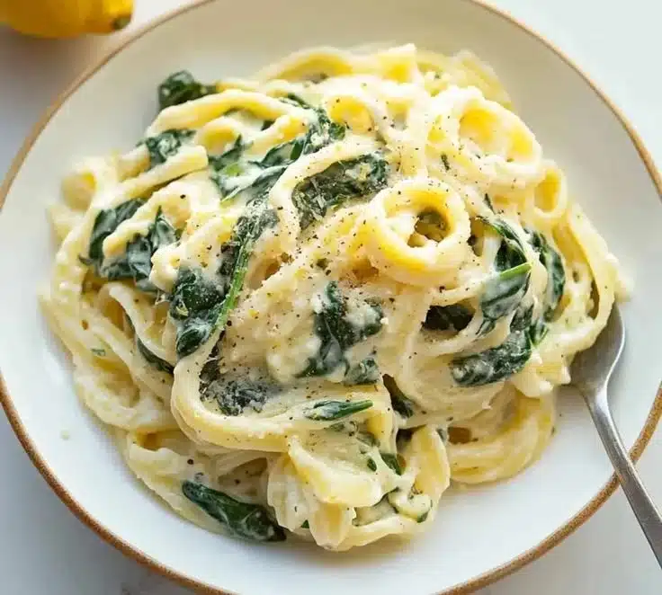 Zesty lemon ricotta pasta with spinach served in a bowl